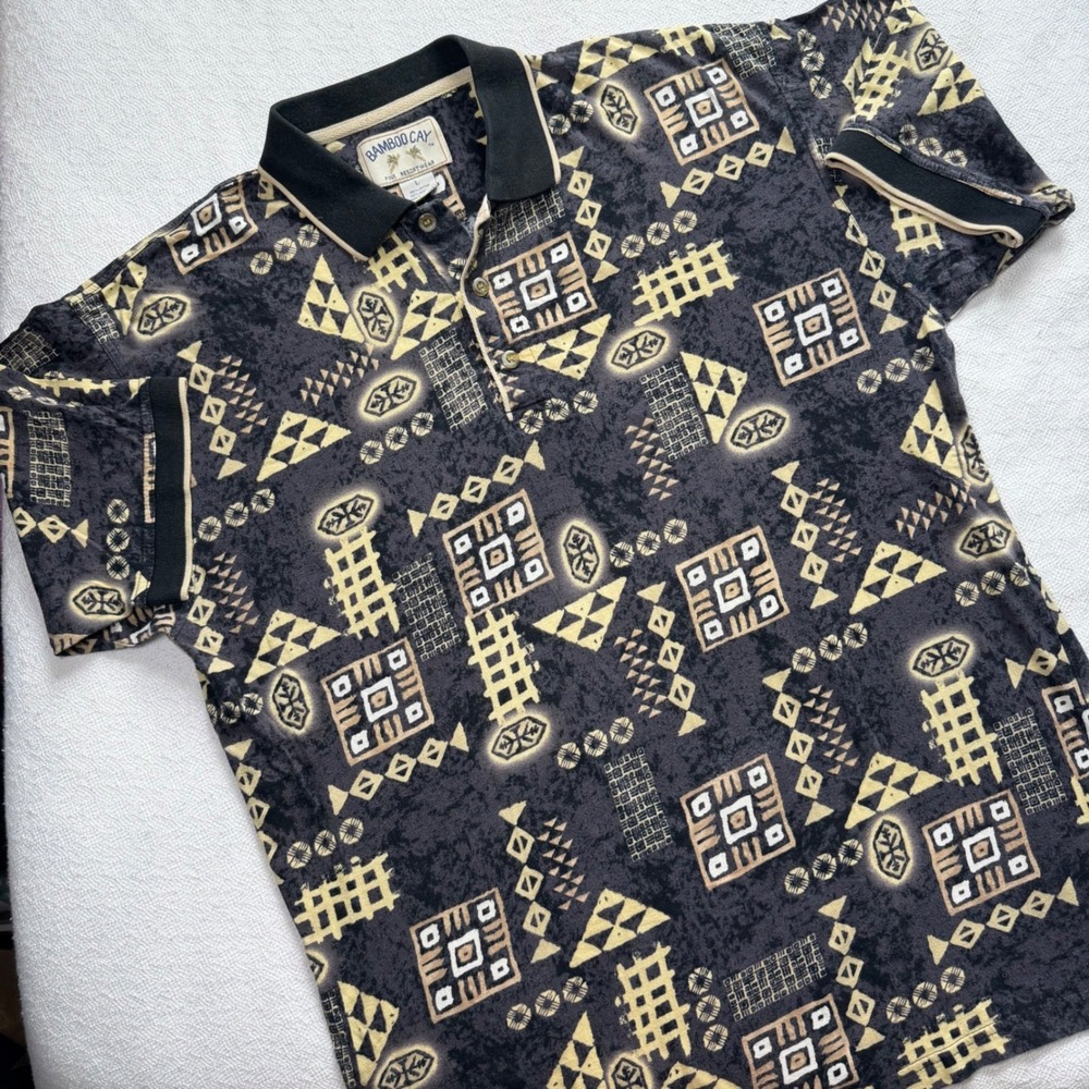 Bamboo Cay Mens Tribal Geometric Print Cotton Polo Shirt Black Yellow Large